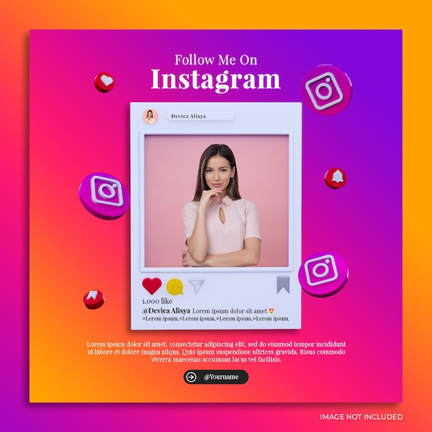 Follow us on instagram social media square banner with 3d logo and link profile box