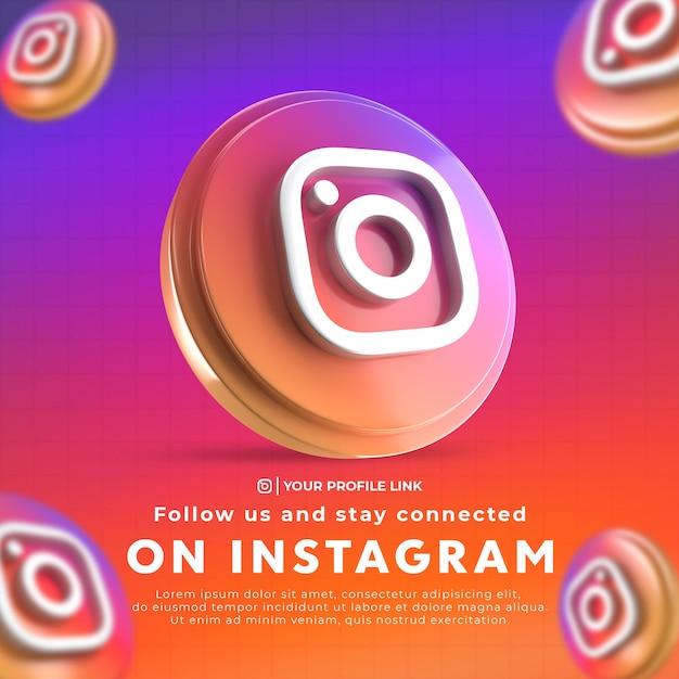 PSD seguici su instagram social media banner quadrato con icona resa in 3d e collegamento al profilo psd premium