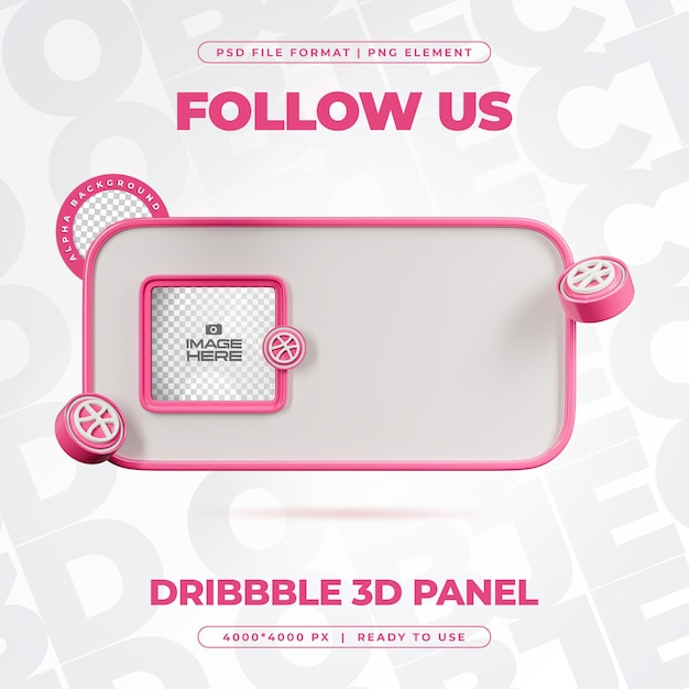 PSD dribbble 프로파일에서 우리를 따르십시오 소셜 미디어 3d 렌더링 구성에 고립