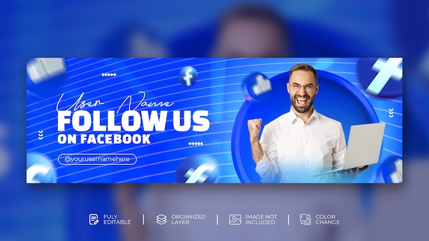 PSD facebookでフォローしてください3dfacebookアイコン付きのモダンなデジタルマーケティングエージェンシーのクリエイティブなfacebookカバー