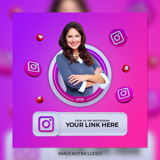 Подписывайтесь на нас в instagram в социальных сетях квадратный баннер с 3d-логотипом и полем профиля ссылки