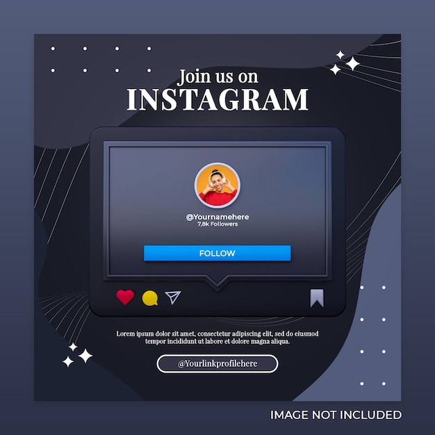 Подпишитесь на нас в instagram в социальных сетях квадратный баннер с 3d-логотипом и полем профиля ссылки