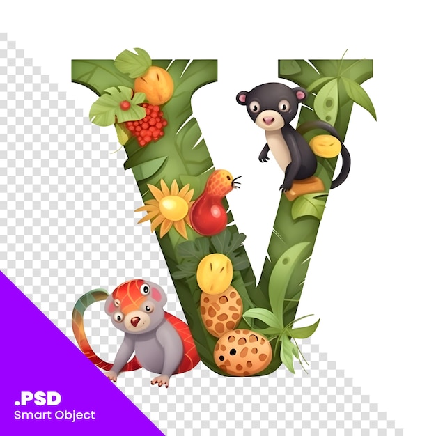 PSD design dei caratteri per la lettera v con frutti tropicali e animali. modello psd di illustrazione vettoriale