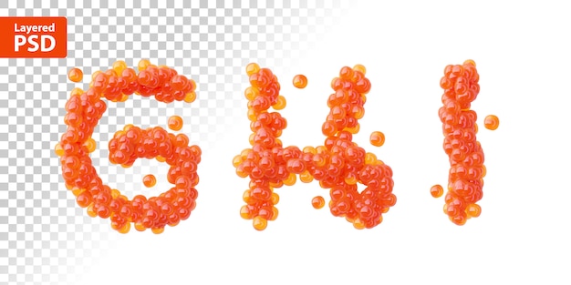 Font set made of red caviar, letters g, h, i.