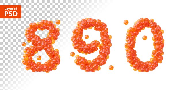 Font set made of red caviar, numbers 8, 9, 0.