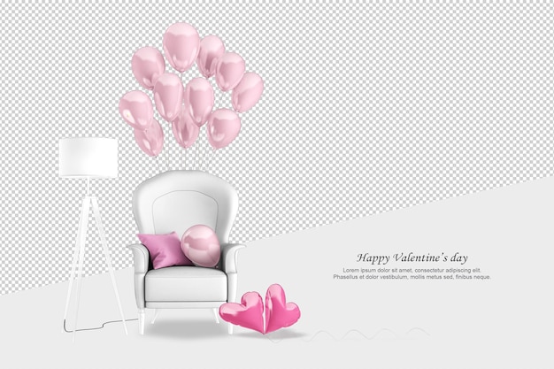 Font view sofa and ballons in 3d rendering
