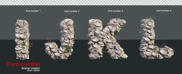 Caratteri e numeri formati da pietre