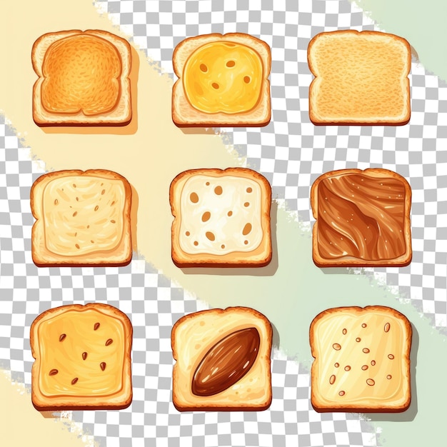 PSD food art assorted toppings on toast slices on transparent background