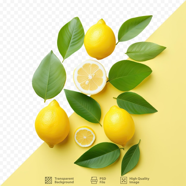 PSD 透明な背景にレモンと葉を平らに使った創造的なレイアウトを特徴とする食品のコンセプト