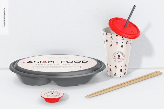 Food container with drink cup mockup front view