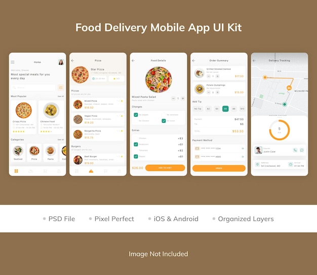 PSD kit dell'interfaccia utente dell'app mobile per la consegna di cibo