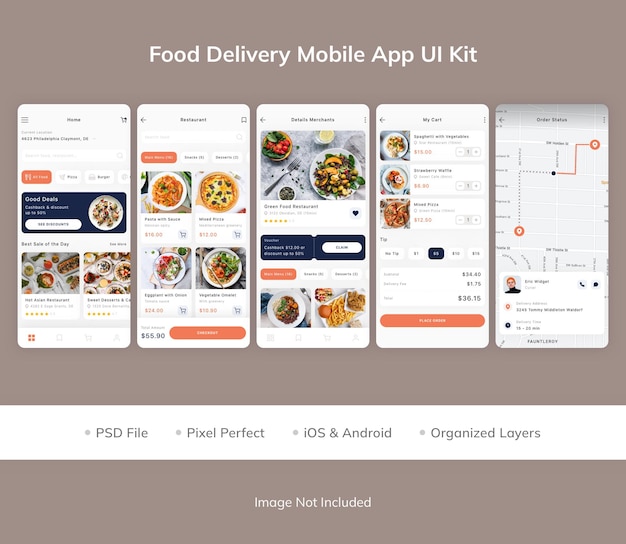 Комплект пользовательского интерфейса мобильного приложения для доставки еды