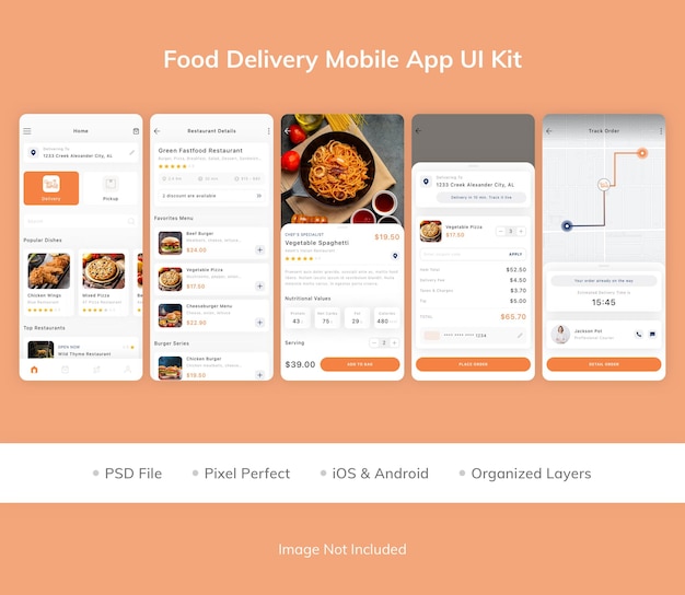 PSD kit dell'interfaccia utente dell'app mobile per la consegna di cibo