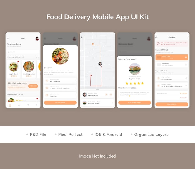 PSD kit dell'interfaccia utente dell'app mobile per la consegna di cibo