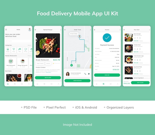 PSD kit dell'interfaccia utente dell'app mobile per la consegna di cibo