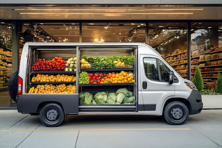 Food delivery van stocked with fresh produce parked outside a grocery store