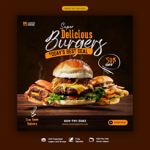 Food menu and delicious burger social media banner template