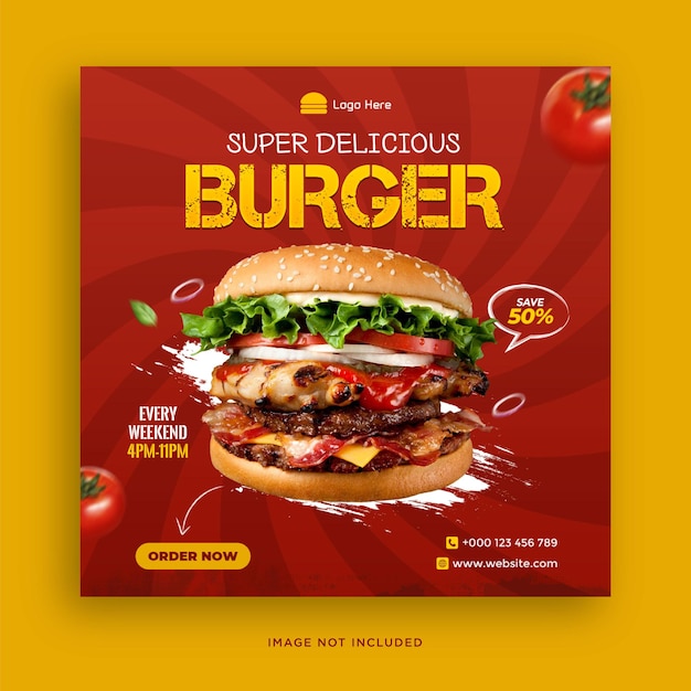 Menu di cibo e delizioso modello di banner per social media di hamburger