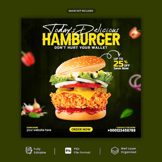 Menu del cibo e modello psd banner quadrato promozione post social media hamburger delizioso con multiuso