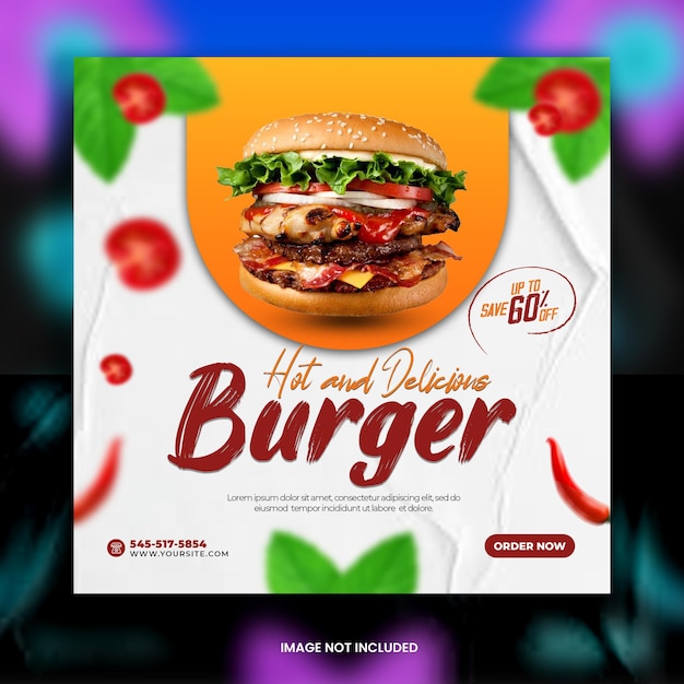 Food menu delicious burger social media promotion and Instagram banner post design template