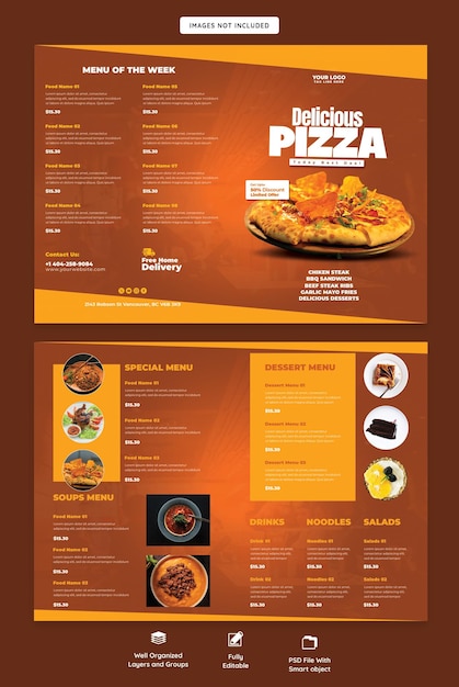 음식 메뉴와 맛있는 피자 바이폴드 브로셔 템플릿