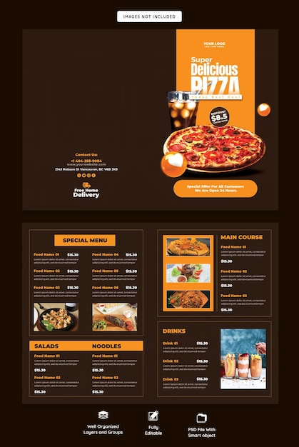 음식 메뉴와 맛있는 피자 바이폴드 브로셔 템플릿