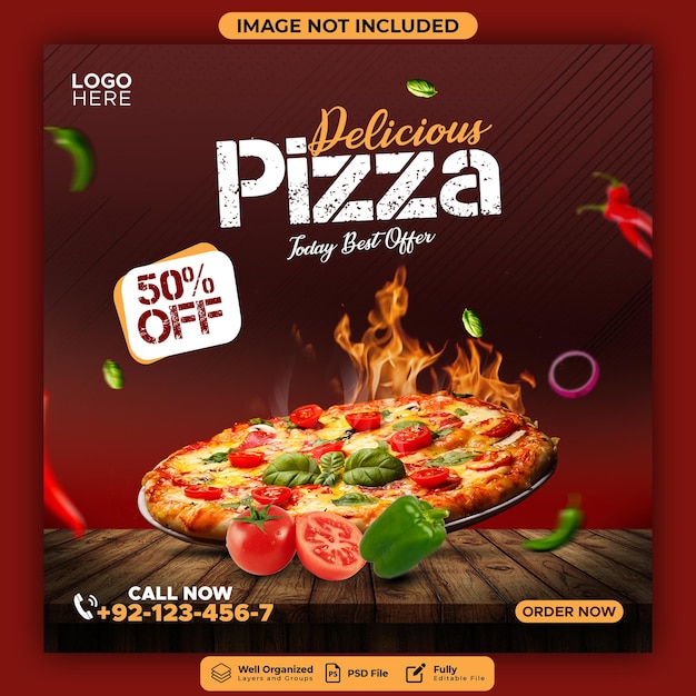 PSD food menu and delicious pizza instagram and facebook post template