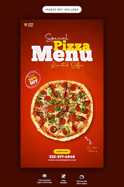 PSD menu del cibo e deliziosa pizza instagram e modello di storia di facebook