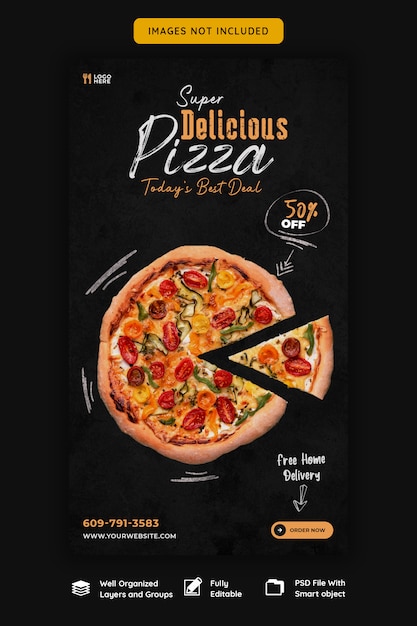 Menu dell'alimento e modello delizioso di storia di instagram della pizza
