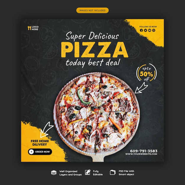 Food menu and delicious pizza social media banner template