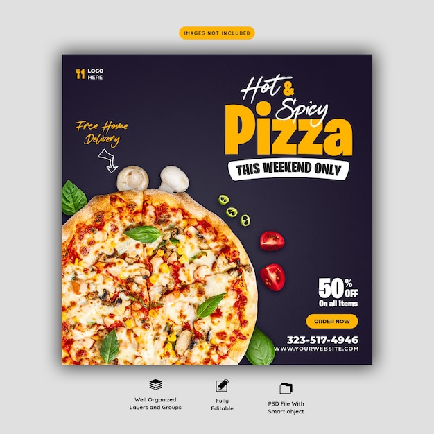 Food menu and delicious pizza social media banner template