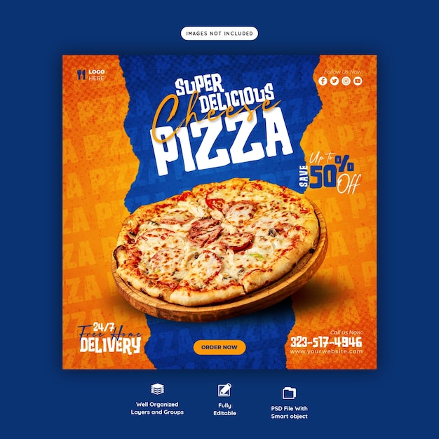 PSD food menu and delicious pizza social media banner template