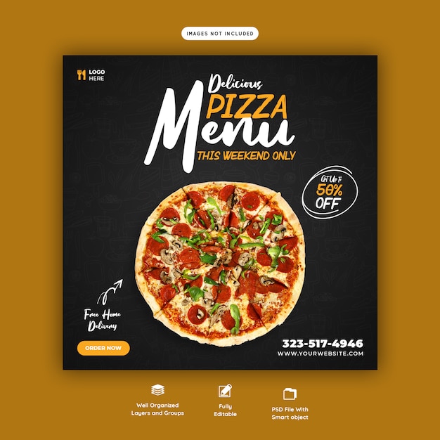 Food menu and delicious pizza social media banner template