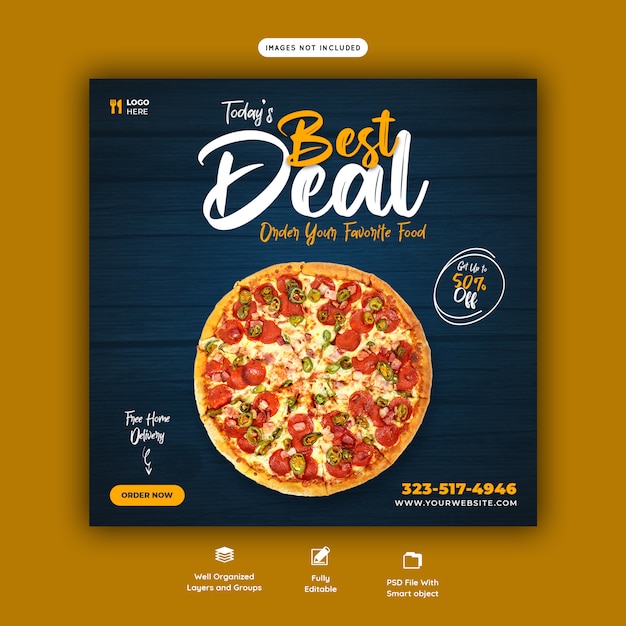 Food menu and delicious pizza social media banner template