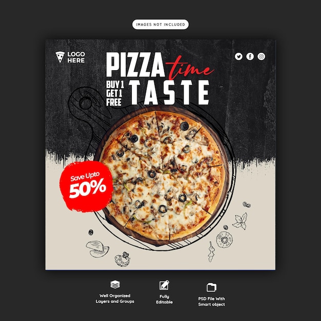 PSD food menu and delicious pizza social media banner template