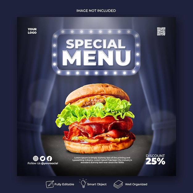 Food menu and delicious pizza social media banner template