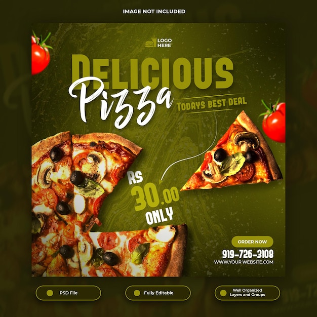 Food menu and delicious pizza social media post or instagram post template