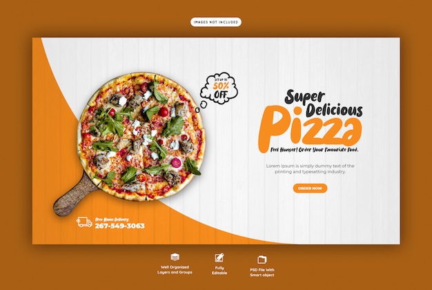 Menu dell'alimento e modello delizioso dell'insegna di web della pizza