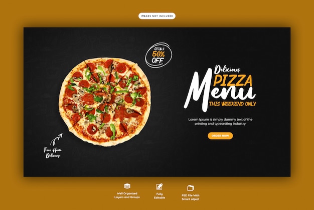Food menu en heerlijke pizza web banner sjabloon