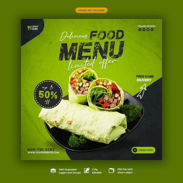Food menu en restaurant social media banner sjabloon