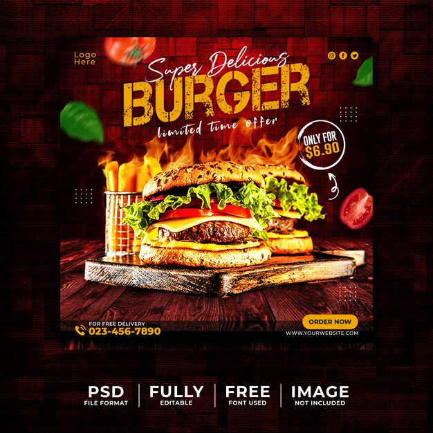 Menu di cibo e modello di banner per social media hamburger ristorante restaurant