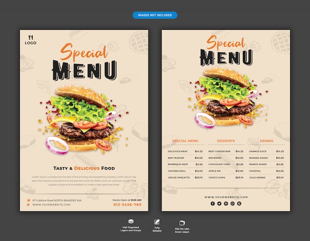 Food menu and restaurant flyer template