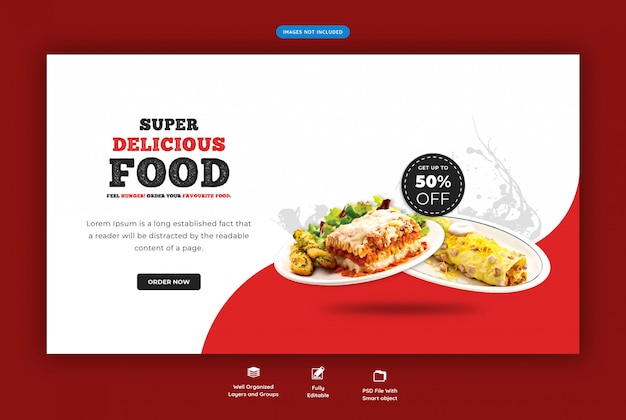 Modello della bandiera di web orizzontale del menu e del ristorante dell'alimento