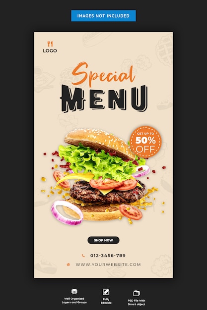 PSD menu di cibo e ristorante modello di storia di instagram