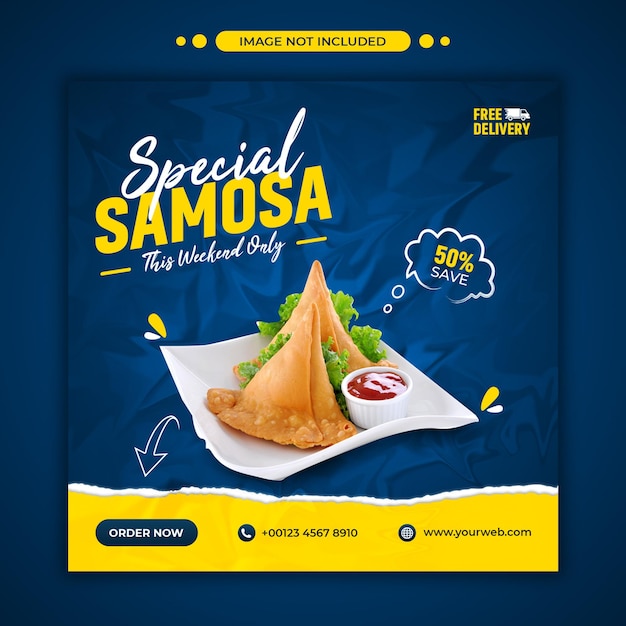 Menu di cibo e ristorante samosa post sui social media e modello di banner web