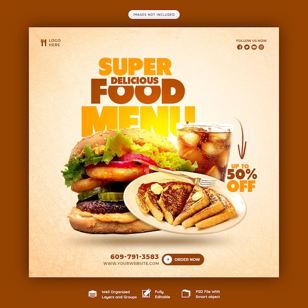 PSD food menu and restaurant social media banner or instagram post template