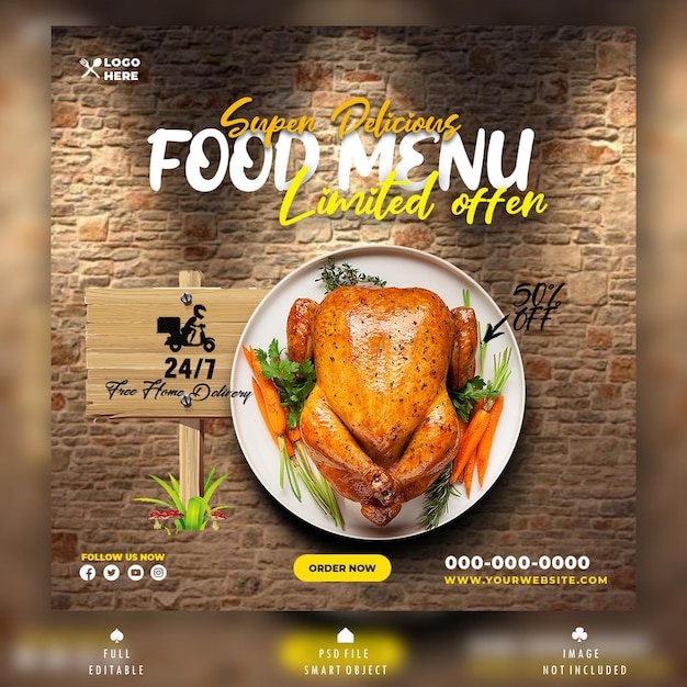 PSD food menu and restaurant social media banner template