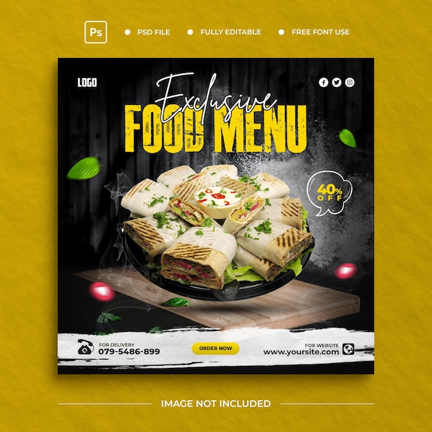 Menu di cibo e social media del ristorante modello di post su instagram e facebook premium psd