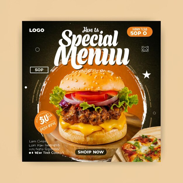 음식 메뉴 소셜 미디어 포스트 템플릿과 레스토랑 패스트푸드 햄버거