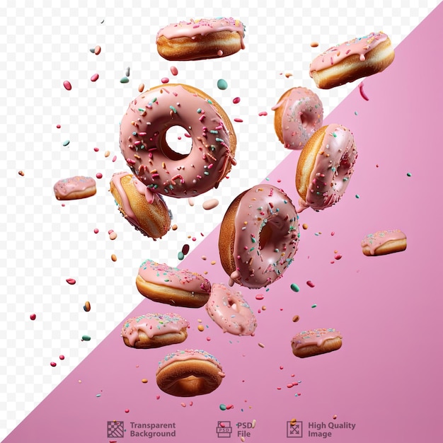 PSD food in motion falling on a transparent background with a creative image of a flying donut or doughnut
